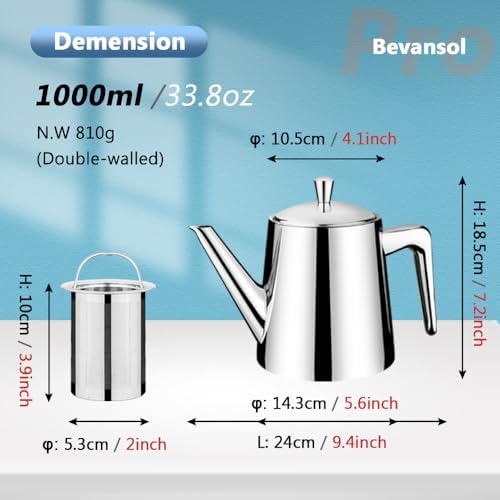 304 Stainless Steel Double-walled Teapot Long Strain Large Capacity Teapot with Infuser and Removable Filter for Home Restaurant Office Dinnerware Accessories Drinkware Item - Image 2