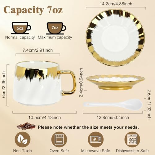 Coffee Cups with Saucers Set of 6, 6.8 oz (200 ml) Ceramic Coffee Cup Set with Gold Handles, Ribbed Brushstroke Design, 6 Cups, 6 Saucers and 6 Spoons, Elegant Coffee Set for Espresso, Cappuccino, Tea - Image 2