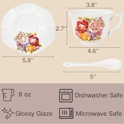 Pumtus Tea Cups and Saucers Set of 6, 8 OZ Vintage Ceramic Teacups with Spoon, Floral Rose British Coffee Mug, Elegant Bone China Cup Gift Set for Cappuccino, Espresso, Latte, Afternoon Tea Party - Image 2
