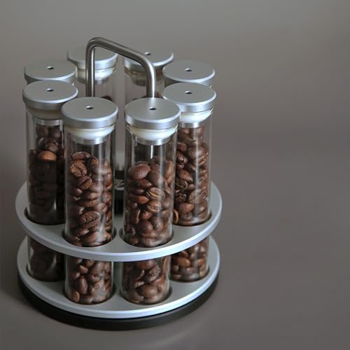 MADBALL 8 Single Dose Espresso Bean Cellars With Rotatable Display Rack And Funnel Set, Coffee Beans Storage Glass Tube Vial Vault with One-Way Exhaust Valve by Unknown