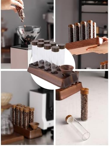 Asixxsix Set of 8 Coffee Bean Storage Tubes with Wooden Stand and Funnel, Airtight Glass Dosing Coffee Bean Cellar Container with Lids for Home Coffee Shop Bar, Espresso Bean Canisters - Image 6