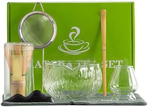 Matcha Whisk Set 7Pcs Matcha Bowl and Whisk Set Bamboo Matcha Whisk with Whisk Holder, Glass Bowl, Tea Scoop, Sifter, Teacloth, Tea Ceremony Set Tea Ceremony Set Matcha Set for Machat Tea Making Kit by CurcKua