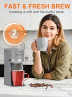 Single Serve Coffee Maker for K-Cup and Ground Coffee,Fast Brew,6-12 oz Brew Sizes One Cup Coffee Machine Fits 5.5" Mugs,One-Button Coffee Maker with Descaling Reminder,Grey,9.45 Inches - Image 3