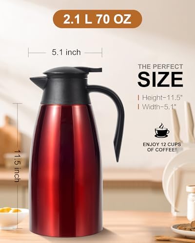 70 Oz Thermal Coffee Carafe for keeping hot, 2 PCS Airpot dispenser, Insulated Stainless Steel Vacuum Thermal Pot for Coffee, Hot Water,Keep Hot 12 Hours (black+red) - Image 7