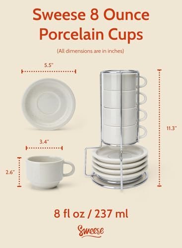 Sweese Porcelain Cappuccino Cups Set - 8 oz Stackable Coffee Mugs with Saucers, Metal Stand, Dove Grey, Set of 4 - Image 2