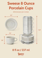 Sweese Porcelain Cappuccino Cups Set - 8 oz Stackable Coffee Mugs with Saucers, Metal Stand, Dove Grey, Set of 4 - Image 2