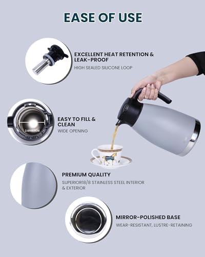 GiNT 74oz Large Thermal Coffee Carafe with Infuser–Insulated Tea Carafe, Removable Filter, Dishwasher-Safe|2.2L 10+ Cups,Wide Mouth,Dual Seal|Stainless Steel Beverage Server for Office&Events - Image 3