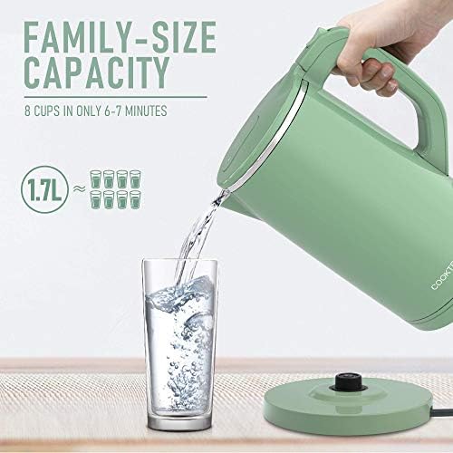 COOKTRON 1.7L Electric Kettle Quiet, Double Wall Hot Water Boiler BPA-Free, Quiet Boil and Cool Touch Tea Kettle, Cordless with Auto Shut-Off & Boil Dry Protection, 1500W Fast Boiling, Green - Image 6