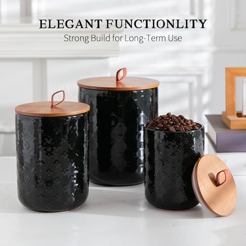 Ceramic Canisters Set, Black, Set of 3, Embossed Pattern - Image 5