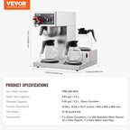 VEVOR 12 Cups Commercial Drip Coffee Maker, Coffee Maker Machine with 3 Glass Carafes and 3 Warmer Plates, Stainless Steel Pour Over Coffee Brewer with Auto Water Intake, for Restaurant Office Cafe - Image 7