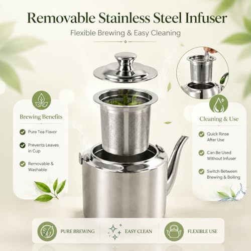 Gooseneck Stovetop Kettle 2L - 304 Stainless Steel Teapot with Removable Infuser and Top Handle for Gas Induction and Electric Stoves (1.5L) - Image 3