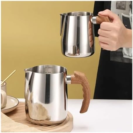 Milk Frother Cup,Coffee Jug,600/900ML Stainless Steel Milk Frothing Jug Precise Scale Wooden Handle Latte Coffee Cup Coffeeware Kitchen Cafe Accessories(Silver,600ML) - Image 4