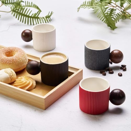 Ceramic Mini Espresso Cups Demitasse Cups with Round Wooden Handle Vertical Stripes Tea Cups (Black/White, 4pcs) - Image 3