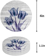 Coasters for Drinks Set of 6 with Holder Abstract Transparent Blue Flower Tulip Wood Grain Ceramic Cup Mat Absorbent Ceramic Stone Coasters with Cork Base for Coffee Cups Wooden Table Home Decor 4in - Image 2