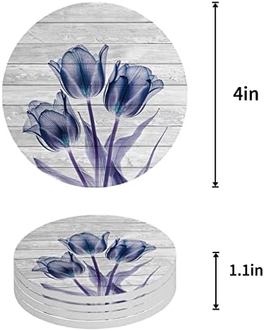 Coasters for Drinks Set of 6 with Holder Abstract Transparent Blue Flower Tulip Wood Grain Ceramic Cup Mat Absorbent Ceramic Stone Coasters with Cork Base for Coffee Cups Wooden Table Home Decor 4in - Image 2