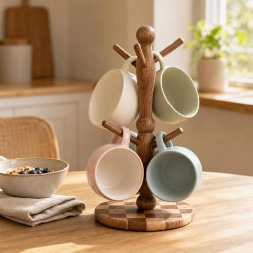 Wooden Mug Rack with Checkerboard Base - Image 2
