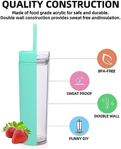 Volhoply 16oz Plastic Skinny Tumbler with Lid and Straw Bulk 10 Pack,Insulated Double Wall BPA Free Matte Acrylic Tumblers,Iced Coffee Travel Reusable Party Cup,Customizable Diy Gifts(Green,10 Set) - Image 3
