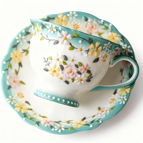 8oz Bone China Tea Cup and Saucer Set, Azure Bloomfield by Unknown
