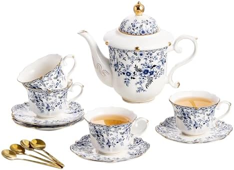 TATSUMI Country Roses Porcelain Tea Set, European Ceramic tea set for adults,Vintage Style, For Women and Tea Parties (BLUE, 13 Pieces Set) by TATSUMI