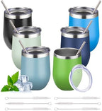 12oz Stemless Wine Tumbler with Lid Double Wall Insulated Wine Cup Stainless Steel Glasses Tumbler with Straw Insulated cocktail Tumbler Coffee Mug for Hot and Cold Beverages (Multicolor-10,6Pack) by Unknown