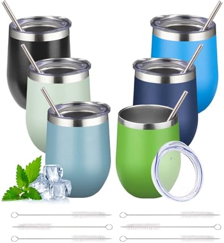 12oz Stemless Wine Tumbler with Lid Double Wall Insulated Wine Cup Stainless Steel Glasses Tumbler with Straw Insulated cocktail Tumbler Coffee Mug for Hot and Cold Beverages (Multicolor-10,6Pack) by Unknown