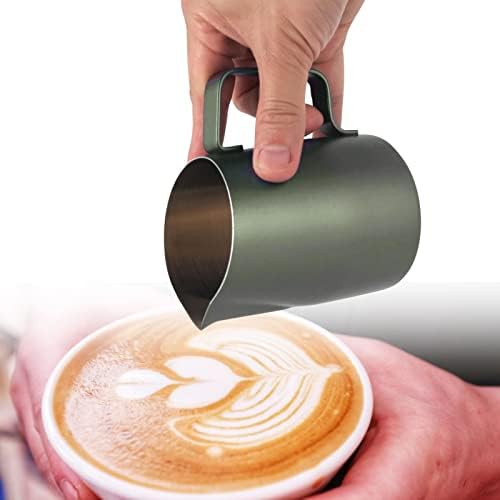 Milk Pitcher Stainless Steel Espresso Steaming Pitcher Latte Art Jug Froth Cup with Oblique Mouth Pointed Nozzle Smooth Handle Foam Control, Green 450ML - Image 2