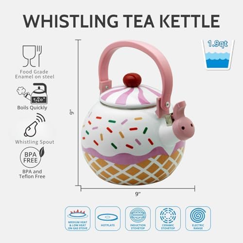 Whistling Tea Kettle Enamel on Steel Teakettle, Supreme Housewares Strawberry Cupcake Design Teapot Water Kettle Cute Kitchen Accessories Teteras, 1.7 Quart - Image 3