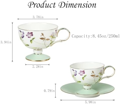 KAMMAK Tea Cups Set of 2,Ceramic Floral Pattern Demitasse Cup - Image 2