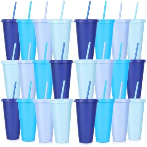 24 Pack Plastic Tumblers with Lids and Straws, Reusable Cups with Lids Plastic Colorful Cups for Parties Birthdays, Iced Coffee Cup Cold Drink Cups Bulk Tumblers (24 oz, Gradient Blue Colors) by LEIFEOSH