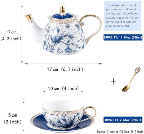 ACMLIFE Tea for One Teapot and Cup Set, Vintage Floral Porcelain Tea Set for One, Bone China Teapot Set, Tea Pot Set Gift for Women (Blue) - Image 6