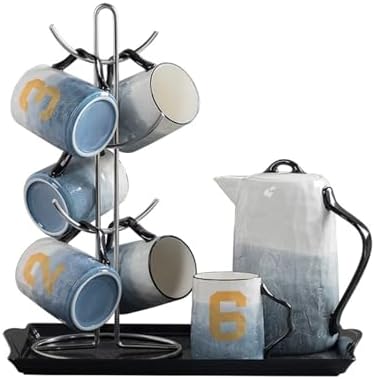 Water Pitcher Cup Set Household 6-Cup Water Cup Tray Stainless Steel Rack Large-Capacity Cold Water Bottle Ceramic Water Set Water Jug by Unknown