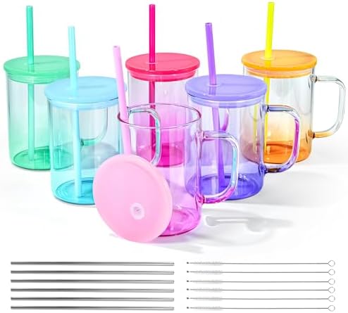 AGH 6 Pack Gradient Colorful Glass Sublimation Cups with Lid and Straw, 16oz Glass Tumblers with Handle by AGoodHopeforYou