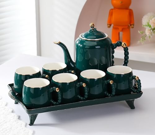 Green,A, Coffee Cup Set,Pearl White Porcelain Tea Sets, Pearl Handle Design Tea Cup Set, with Teapot Teacups Tea Plate, Tea Set for Tea/Coffee by TOERVIOZ