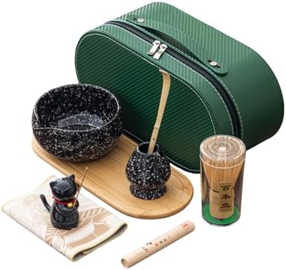 Matcha Whisk Set, Zen Travel Tea Ceremony Kit with Cat Figurine, Bamboo Whisk, Bowl, Incense & Portable Bag - 9-Piece Portable Matcha Set for Mindful Gifting & On-The-Go Rituals (M) by Unknown