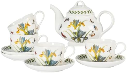 9-piece porcelain tea set with Botanical Floral patterns (for 4 people), including teapot, teacup, and saucer. Iris and Sunflower Pattern Selection. Tea party gift box set. (Iris Pattern) by CABILON