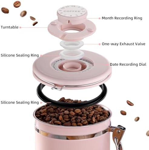 Bincoo Premium Pink Coffee Canister, 1500ml/18oz Large Airtight Stainless Steel Coffee Bean Storage Container with Date Tracker & Scoop (1500ML) - Image 2