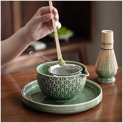 Matcha Set 2/6 Pieces - Green Pattern Tea Bowl, Bamboo Stirrer, Spoon & Filter Traditional Ceremony(6 pieces A) - Image 2