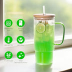32oz Ribbed Glass Cup with Handle Bamboo Lid and Straw, Glass Tumbler, Iced Coffee Cups Hot/Cold Drinks (Green Handle) - Image 4