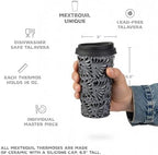 Handcrafted Talavera Ceramic Travel Mug with Silicone Lid, 16 oz, 6.5 Inch Tall, Mexican Embossed Pottery Coffee Tumbler – Artisan Texture & Relief Design (Volcanic Ash) - Image 2