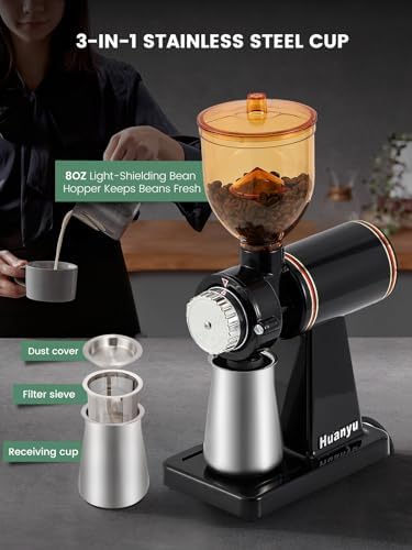 Huanyu 60mm Flat Burr Coffee Grinder, 8 Grind Settings for Home Brew Black - Image 5