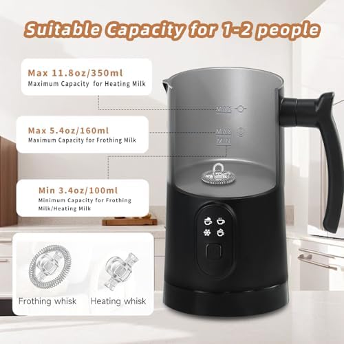 Electric Milk Frother, 4 in 1 Milk Steamer with Two Frothing Whisks, Saicefe 11.8oz/350ml Automatic Warm and Cold Foam Maker for Coffee, Latte, Cappuccino, Macchiato, Hot Chocolate (Black) - Image 4