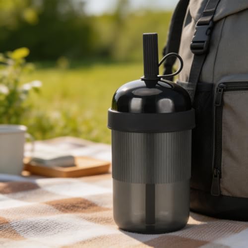 Reusable Clear Tritan Tumbler with Straw & Lid, 18oz Ribbed Portable Travel Cup, Iced Coffee Boba Cup for Office & Car, Multiple Colors (Smoky Black) - Image 4