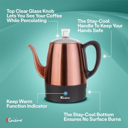 Euro Cuisine PER04 Stainless Steel Electric Coffee Percolator, 4 Cup, Polished Copper Finish, Dripless Gooseneck Spout, Clear Glass Knob, Brewing Indication, Keep-Warm Function, Detachable Cord - Image 4
