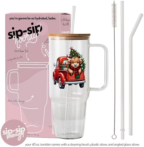 Sip-Sip Hooray! Highland Cow Red Truck 40oz Glass Tumbler with Lid - Image 2
