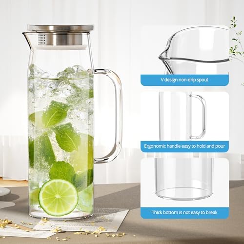 3 Sets Glass Pitcher with Lid, 50 oz / 1500 ml Water Carafe with Handles Hot Cold Beverage Water Jar Glass Jug (Stainless steel lid) - Image 3