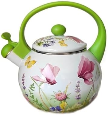 Whistling Enamel Stovetop Tea Kettle, Classic Enameled Steel Kettle with Ergonomic Anti-Scald Handle, Floral Teapot(9) by Unknown