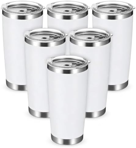 6 Pack 20oz Tumbler Bulk White Stainless Steel Tumbler with Lid by Unknown