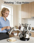 8-Hook 360° Rotating Large Coffee Mug Tree for Counter, Wood Base, Black - Image 2