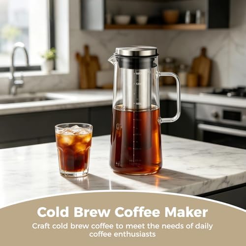Cold Brew Pitcher, 1.4 L 48 Oz Borosilicate Glass Coffee Maker with Stainless Steel Mesh Filter and Airtight Lid, Iced Tea Maker for Home Beverage, Fridge Storage - Image 5