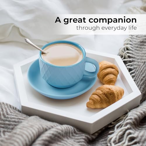 MIAMIO - 6 x 2.5 oz Stoneware Espresso Mug, Cup Set Modern with Stand and Saucers - Palmanova Collection (Ocean Blue) - Image 6